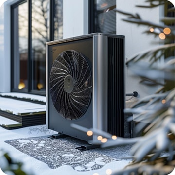 Black heat pump is in front of the house in winter.