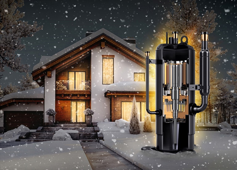 The R1™ compressor in front of the cabin where the snow falls.