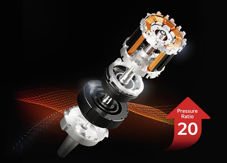 There's an r1 compressor on a black background and it shows 20% increased power with arrows