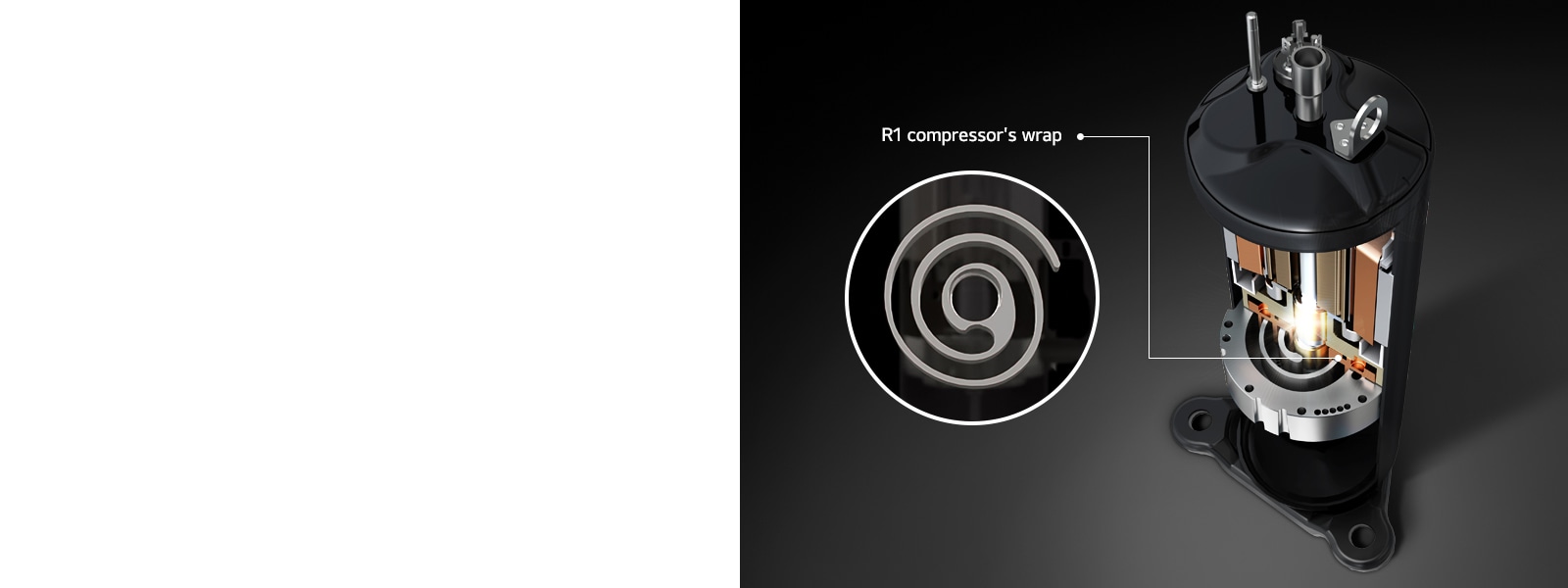 The decomposed r1 compressor shows a hybrid wrap which includes shaft-through structure.