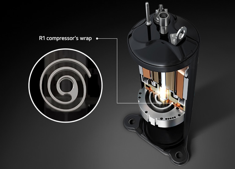 The decomposed r1 compressor shows a hybrid wrap which includes shaft-through structure.