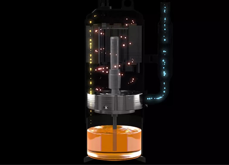 The r1 compressor located in the center of the black background shows the oil circulation