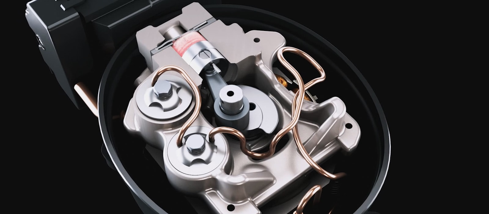 Close-up of LG fixed speed reciprocating compressor interior showing detailed components, including coils, gears, and copper tubing on a dark background.