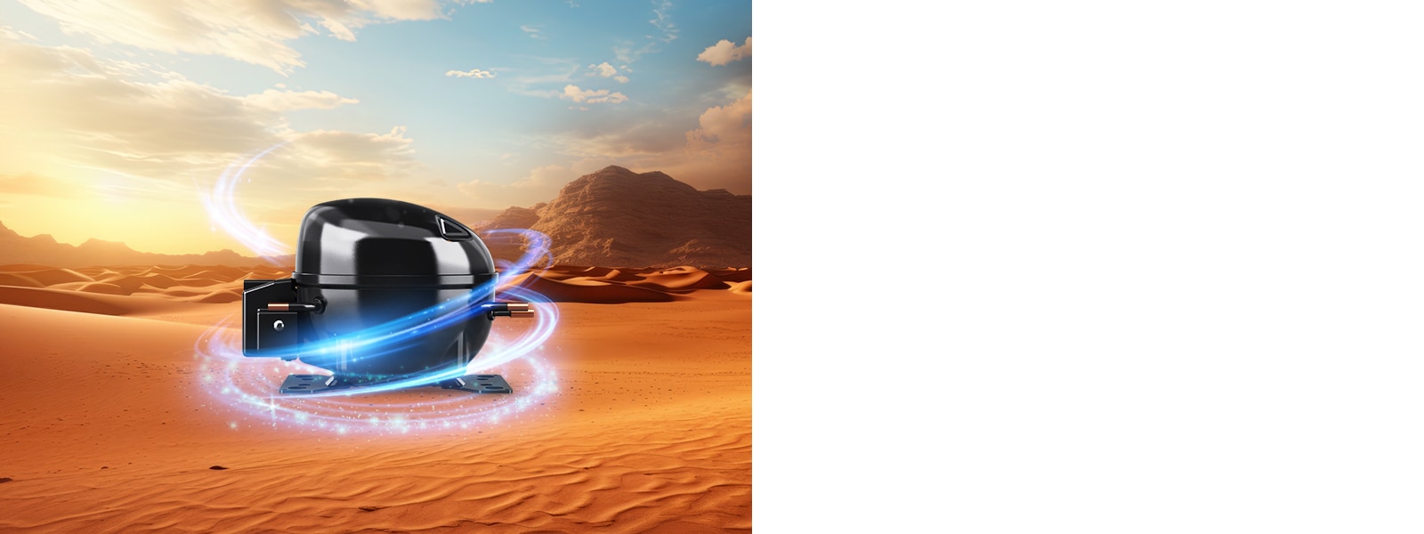LG fixed speed reciprocating compressor unit in a desert landscape with swirling blue energy lines. The background shows sand dunes and a bright sky.