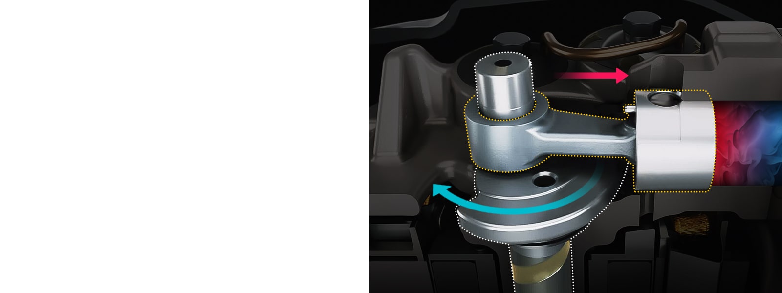 Detailed view of an LG fixed speed reciprocating compressor component showing a rotating mechanism with directional arrows.