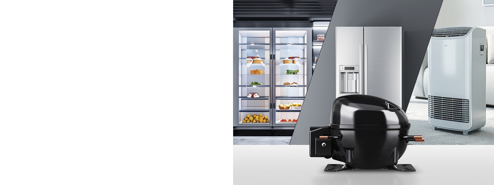 LG fixed speed reciprocating compressor, showcased in front of refrigerator and air conditioner units.
