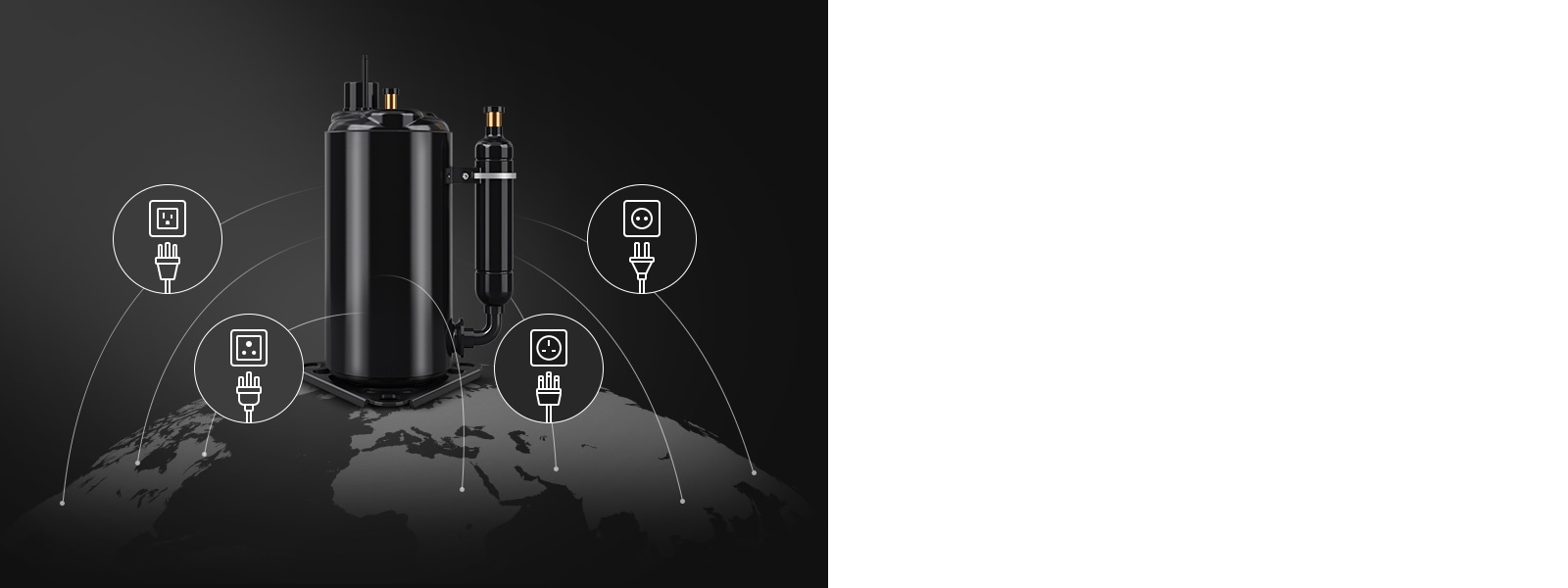 An LG Fixed Speed Rotary Compressor is displayed above a world map with various plug icons.