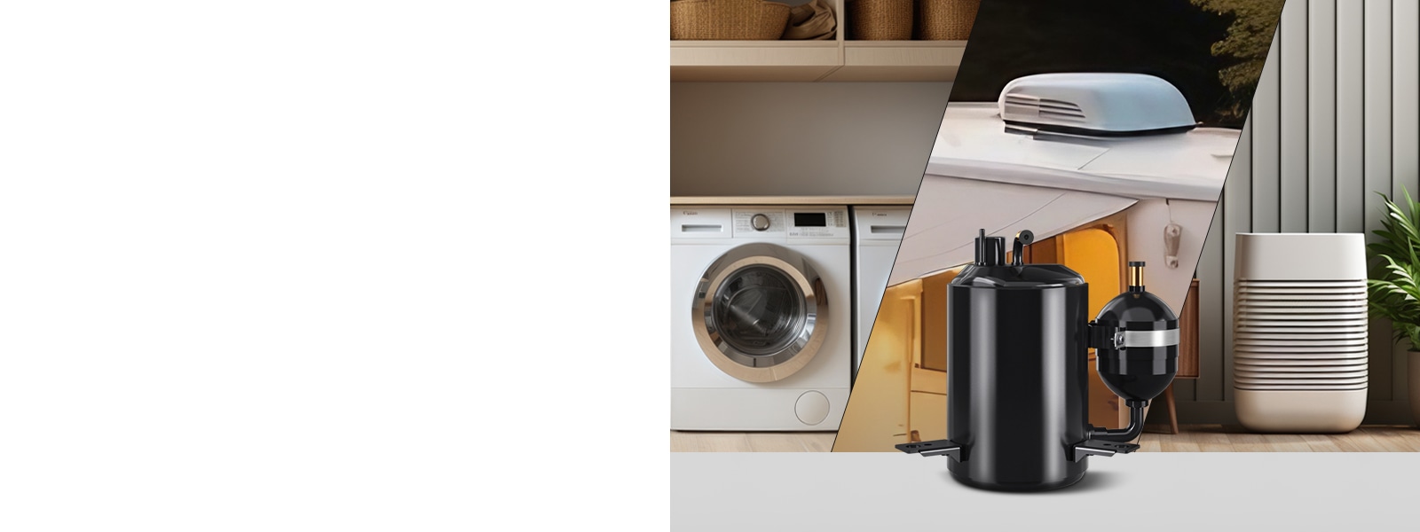 An LG Fixed Speed Rotary Compressor is shown alongside a dryer, RV, and dehumidifier, demonstrating its application.