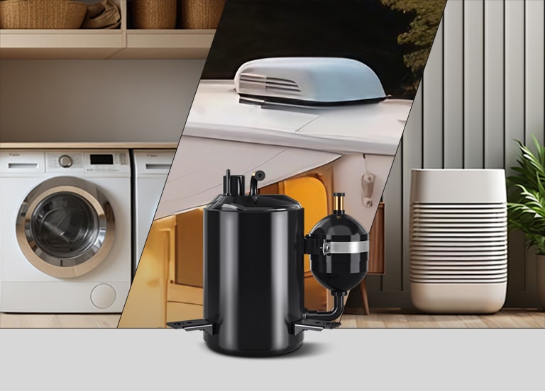 An LG Fixed Speed Rotary Compressor is shown alongside a dryer, RV, and dehumidifier, demonstrating its application.