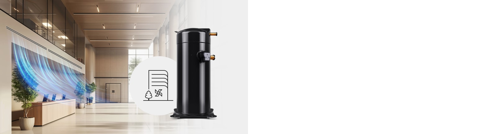 Air conditioning blowing at a hotel, with a Fixed Speed Scroll Compressor and building icon overlaid on the picture.