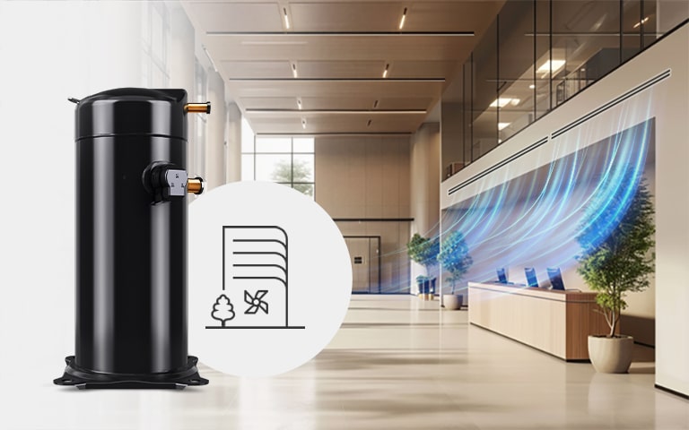 Air conditioning blowing at a hotel, with a Fixed Speed Scroll Compressor and building icon overlaid on the picture.
