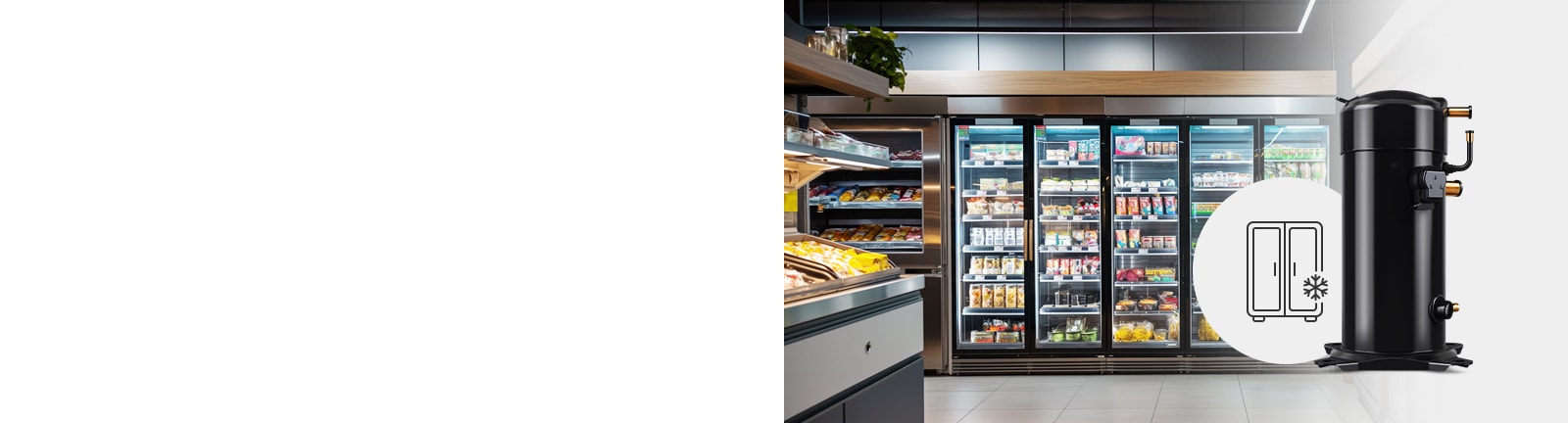 Commercial Refrigeration is on with a Fixed Speed Scroll Compressor and refrigeration icon overlaid on the picture.
