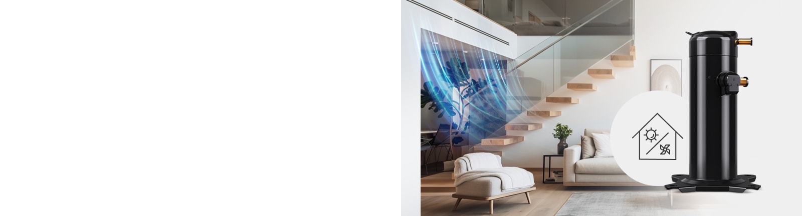 Air conditioning blowing in a home, with a Fixed Speed Scroll Compressor and house icon overlaid on the picture.