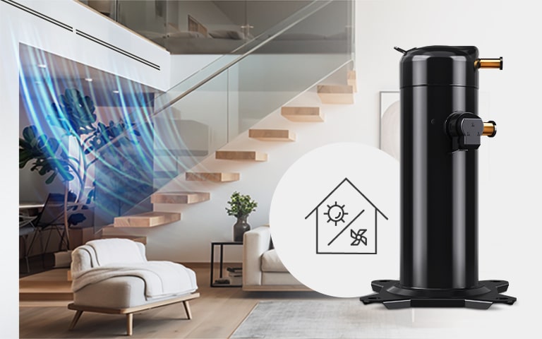 Air conditioning blowing in a home, with a Fixed Speed Scroll Compressor and house icon overlaid on the picture.