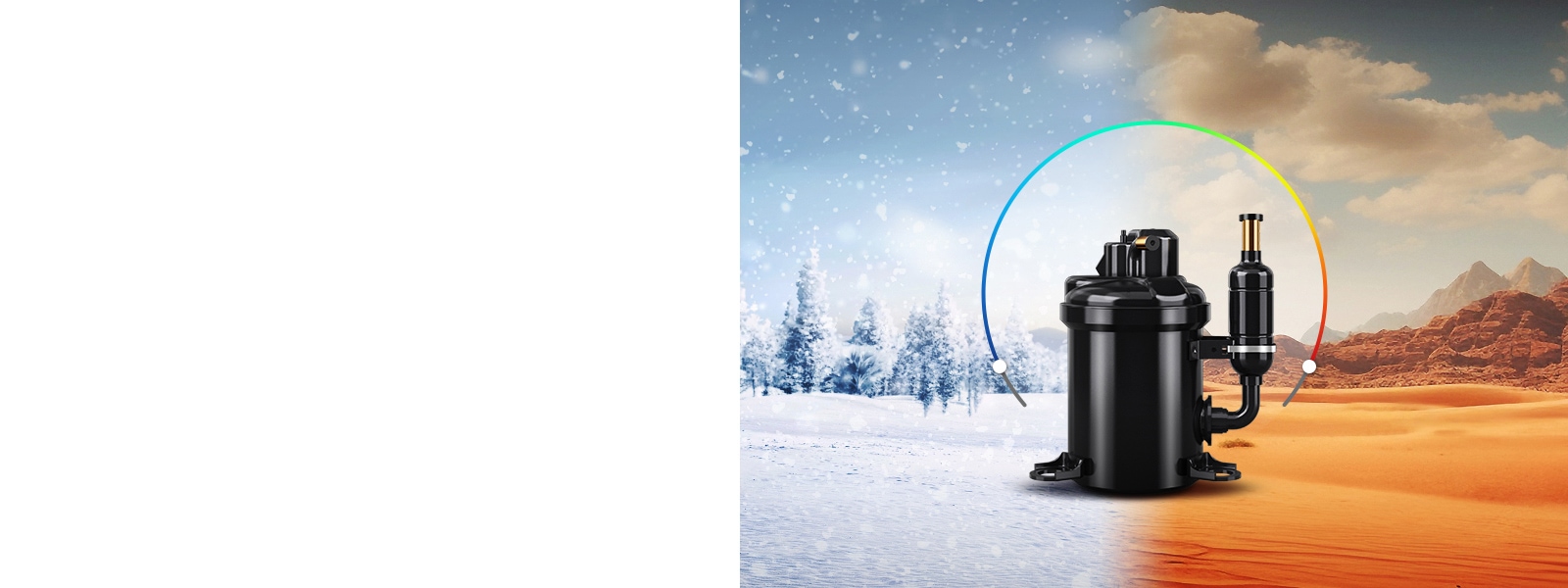 The image displays an LG rotary compressor with a temperature range indicator in both extreme cold and hot climates.