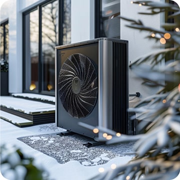 Black heat pump is in front of the house in winter.