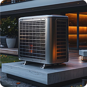A silver Scroll Compressor is positioned in front of a house.