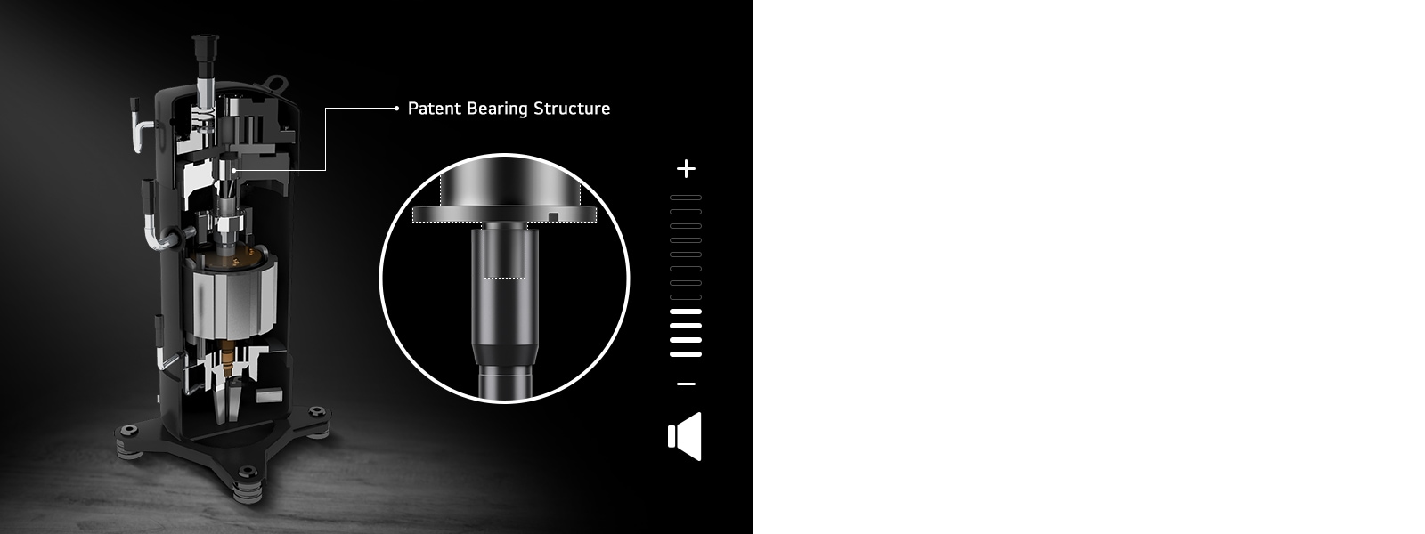 The internal structure of a Variable Scroll Compressor with a focus on the patent-bearing structure on the right.
