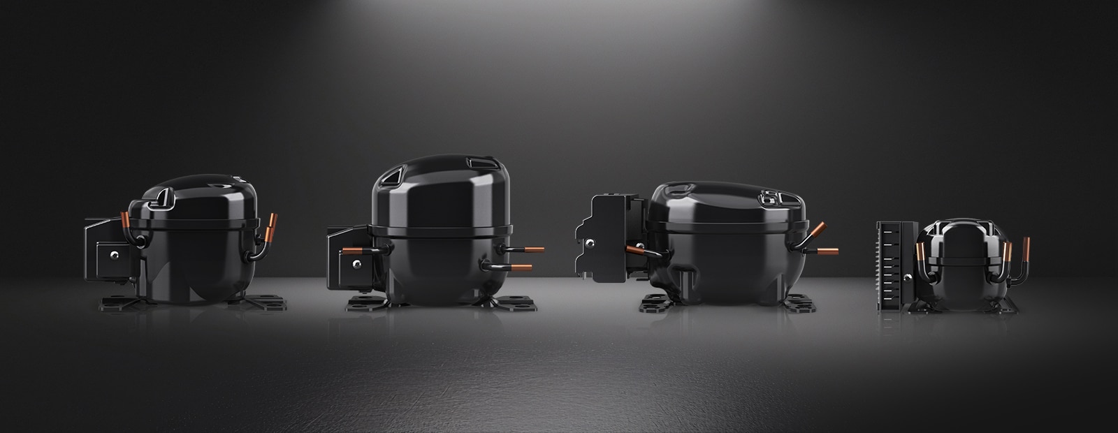 Range of LG reciprocating compressors in different sizes, displayed on a dark background.