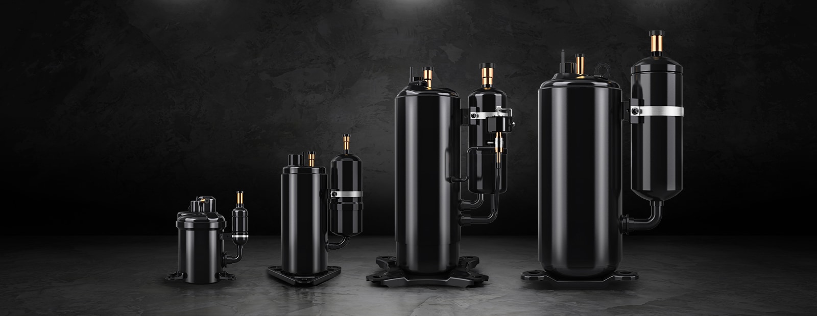 The image showcases a lineup of black lg rotary compressors in various sizes.