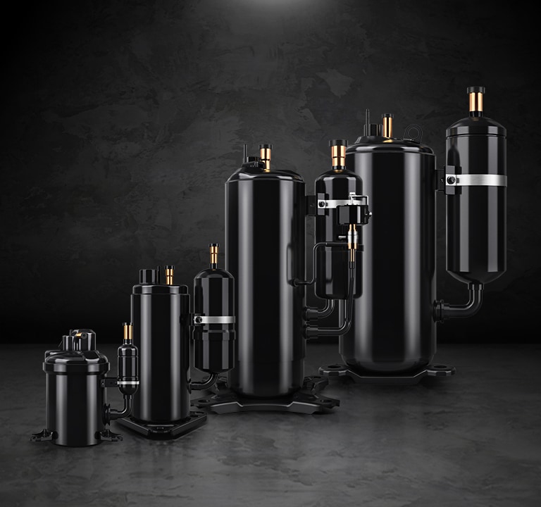 The image showcases a lineup of black lg rotary compressors in various sizes.