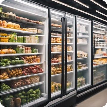A row of commercial refrigeration units is filled with neatly organized fresh foods.