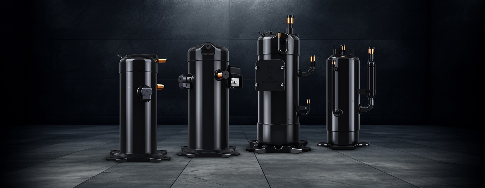 The four black LG Scroll Compressors stand on a dark, tiled floor against a dark background.