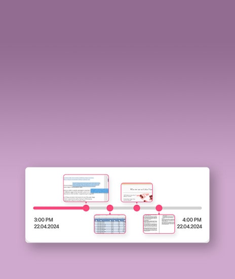 A timeline graphic displaying tasks and documents associated with specific timestamps between 3:00 PM and 4:00 PM on 22.04.2024. The visual highlights key moments with icons and thumbnails of documents along the timeline.	