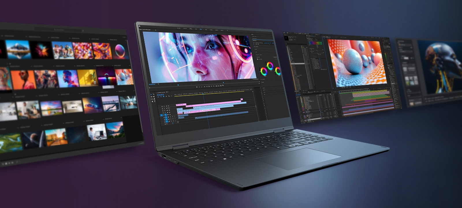 A sleek laptop is showcased with a vibrant video editing interface on its screen, surrounded by additional screens displaying various creative workflows.