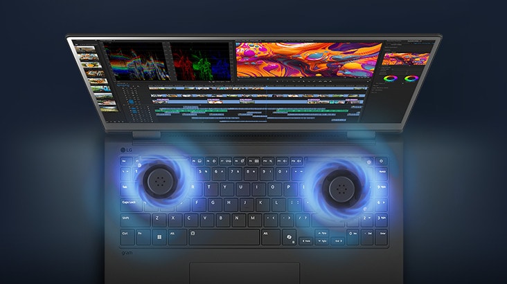 A laptop with a video editing interface on its screen, showcasing dual cooling fans emitting blue airflow visuals, emphasizing advanced cooling technology.	