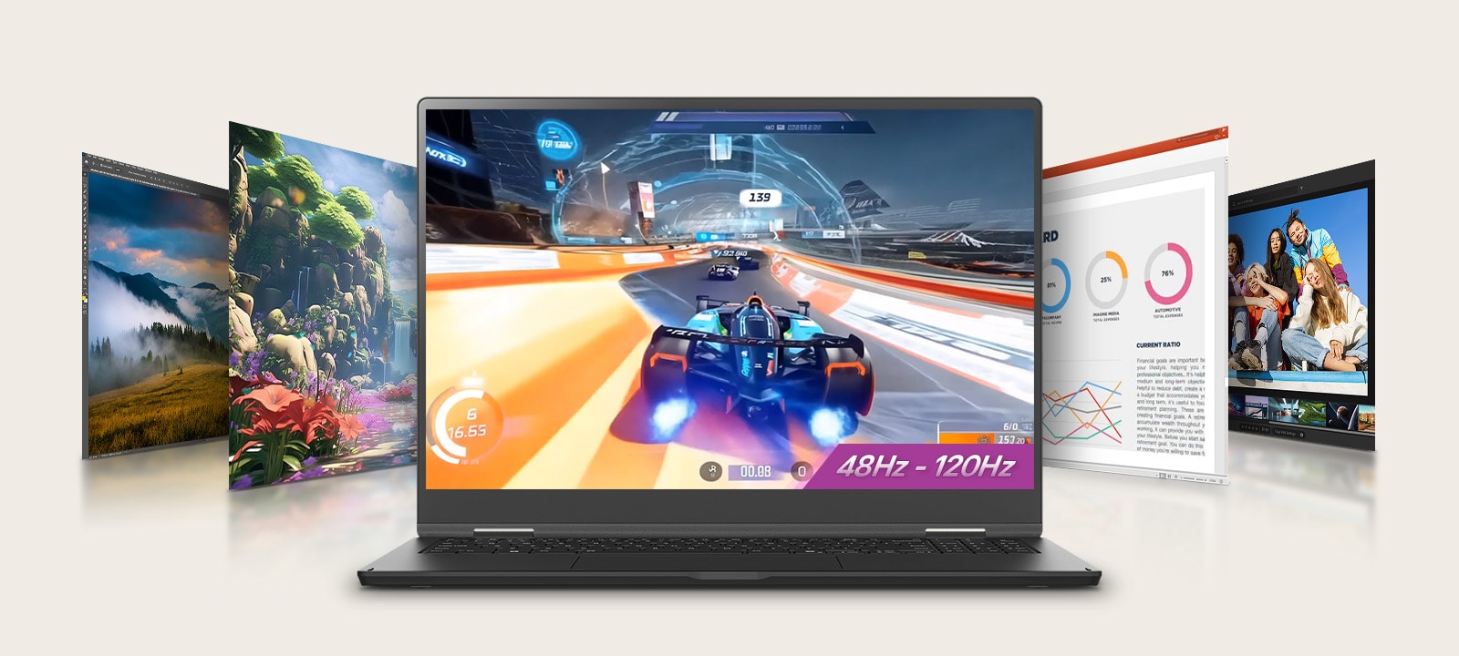An animation shows a laptop displaying an racing game of car scene on its screen with a highlighted text '48Hz - 120Hz,' surrounded by additional screens featuring diverse visuals. This setup emphasizes gaming and multimedia versatility with a variable refresh rate.