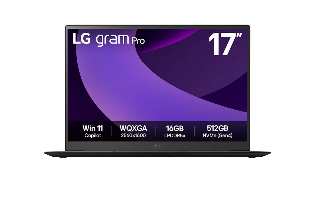 LG gram Pro 17'' | Lightweight 32GB RAM Intel® Core™ Ultra Processor Laptop | Windows 11 Pro, gram Hybrid AI, Copilot, LG gram Link, 16:10 IPS LCD display, Front view, 17Z90TP