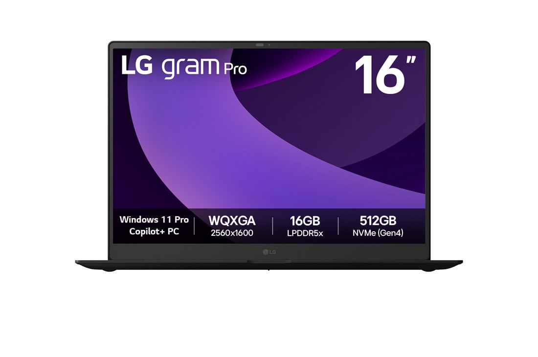 LG gram Pro 16'' | Lightweight 32GB RAM Intel® Core™ Ultra Processor Laptop | Windows 11 Pro, gram Hybrid AI, Copilot, LG gram Link, 16:10 OLED display, Front view, 16Z90TP
