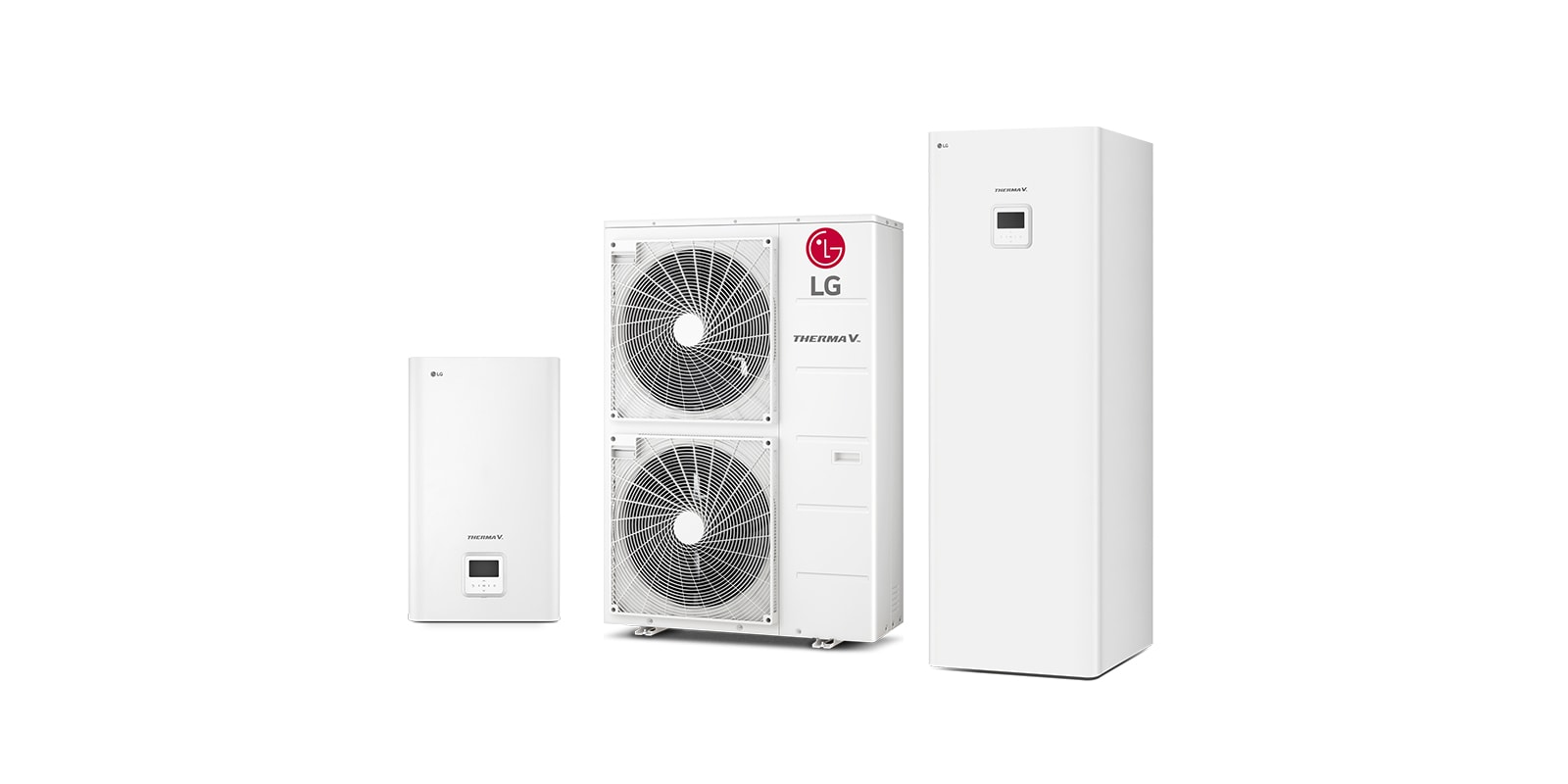 LG THERMA V Hydrosplit units line up. The Hydro box and Integrated water tank are on the left and right, and the outdoor unit is at the center.