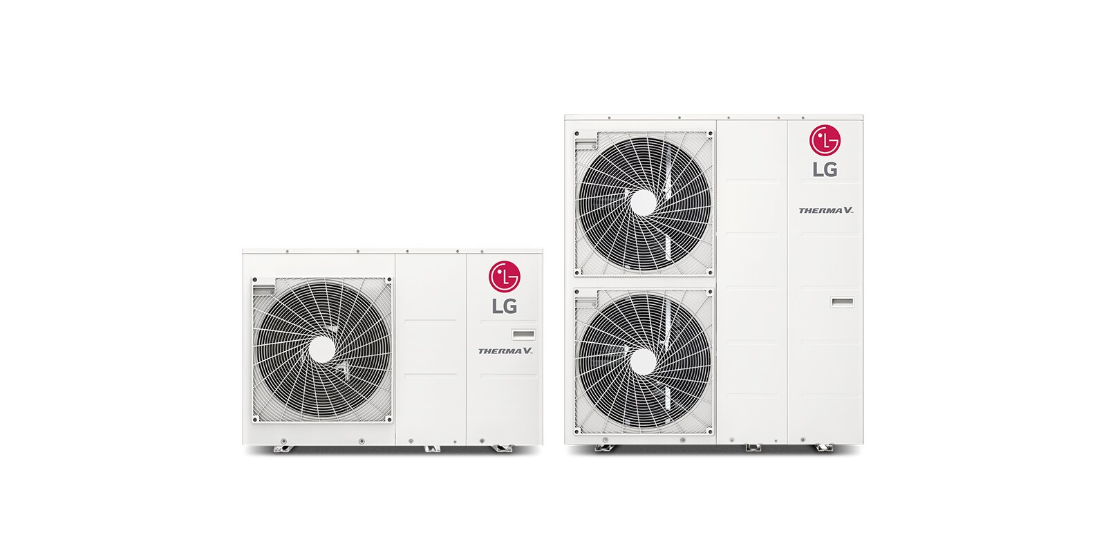 Displayed are two LG Therma V Monobloc outdoor units. A small rectangular one on the left and a larger two-stack unit on the right.