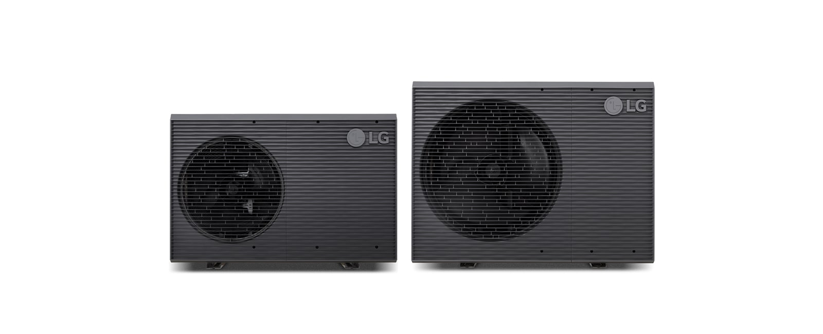 Displayed are two LG Therma V Monobloc outdoor units. A small rectangular one on the left and a larger two-stack unit on the right.