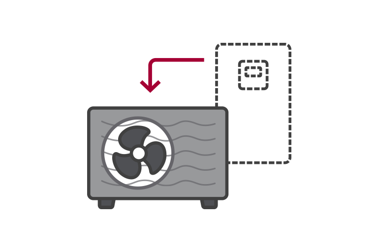 Lower left outdoor unit contains a fan and cogs while an indoor unit standing to the right. An arrow from the indoor unit points to the outdoor unit.