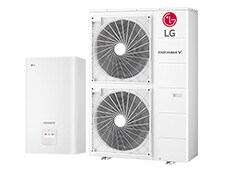 R32 Hydrosplit hydro box, rectangular shape LG Therma V indoor unit with rectangular shape two stacks outdoor unit displayed.