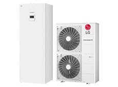 R32 Hydrosplit IWT, rectangular shape integrated water tank unit with rectangular shape two stacks outdoor unit displayed.