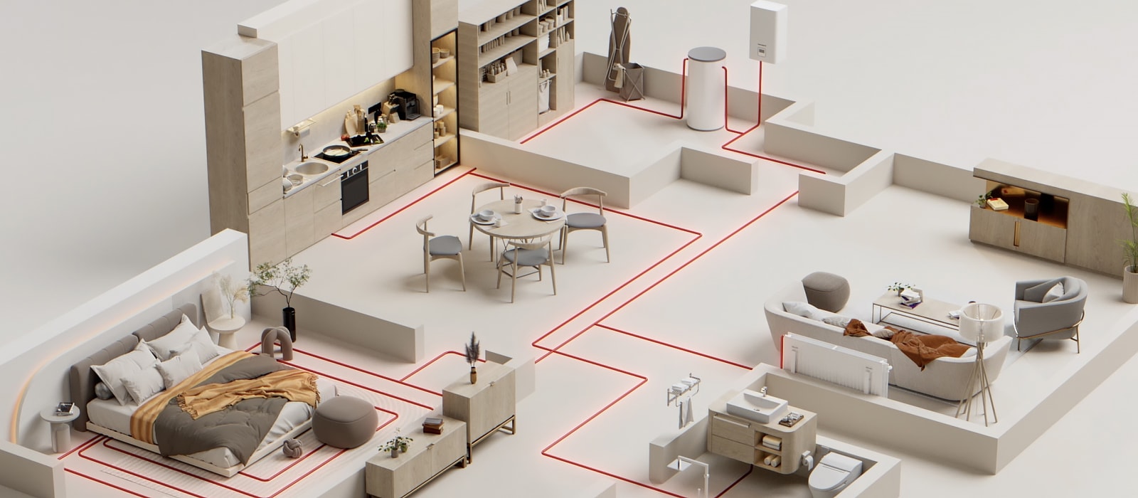 The heat pump system is indicated by a red line on the interior of a house with a bed, table, and sofa drawn in 3d.