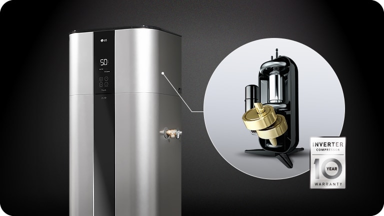 A zoomed-in view of the dual inverter compressor takes center stage adjacent to the metallic LG water heater displayed on the left.
