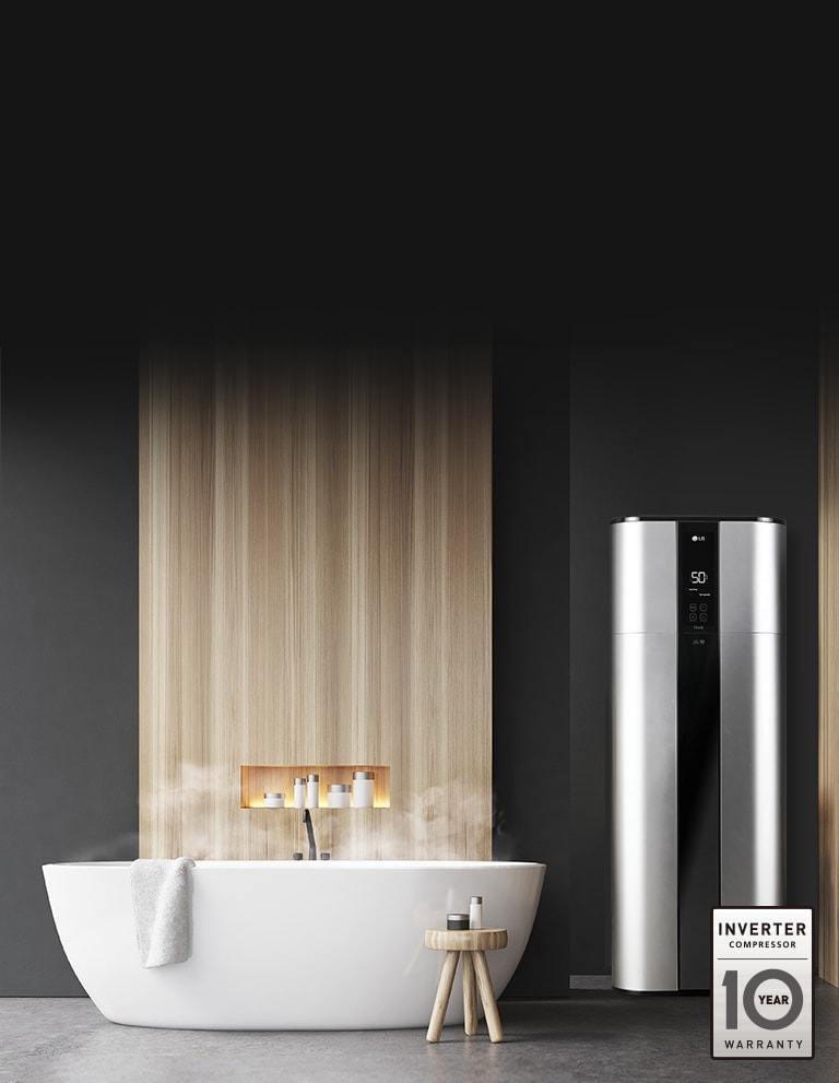 A steamy bathtub takes center stage in a bathroom, with amenities close by. To its right, a tall, metallic LG water heater unit stands ready.