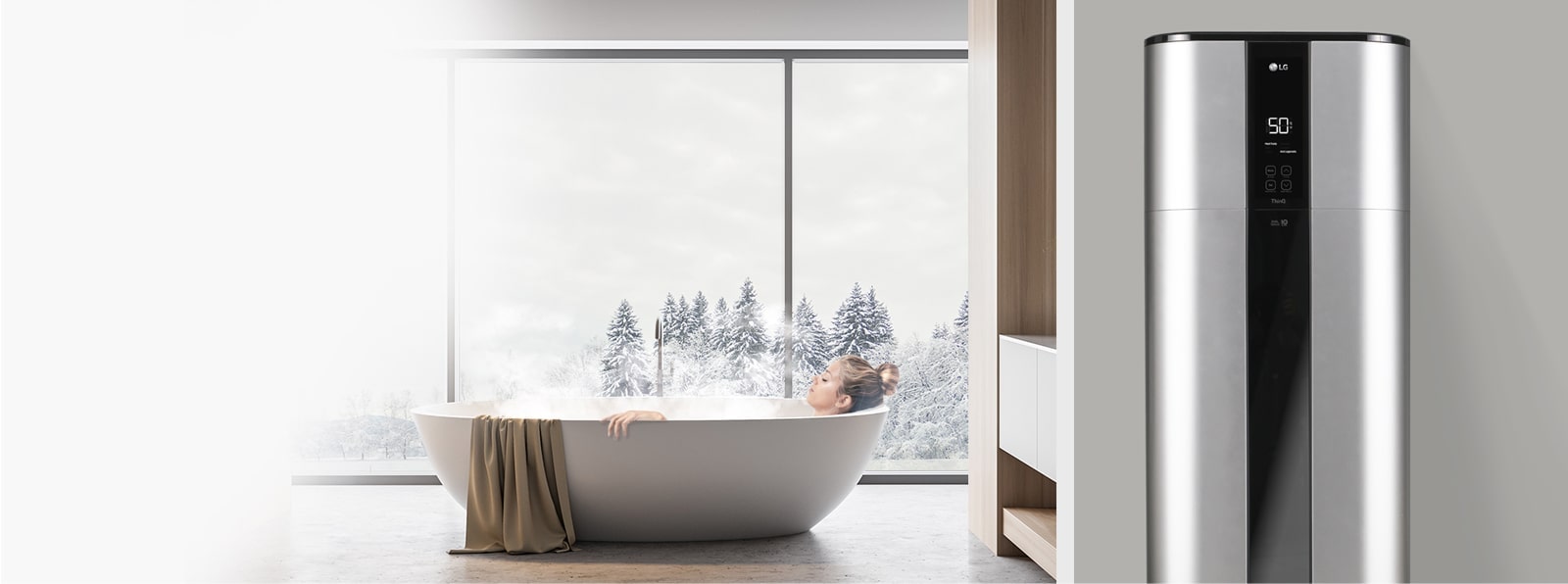 A person luxuriates in a steamy bathtub on the left, with a metallic LG water heater showcasing on the right side.
