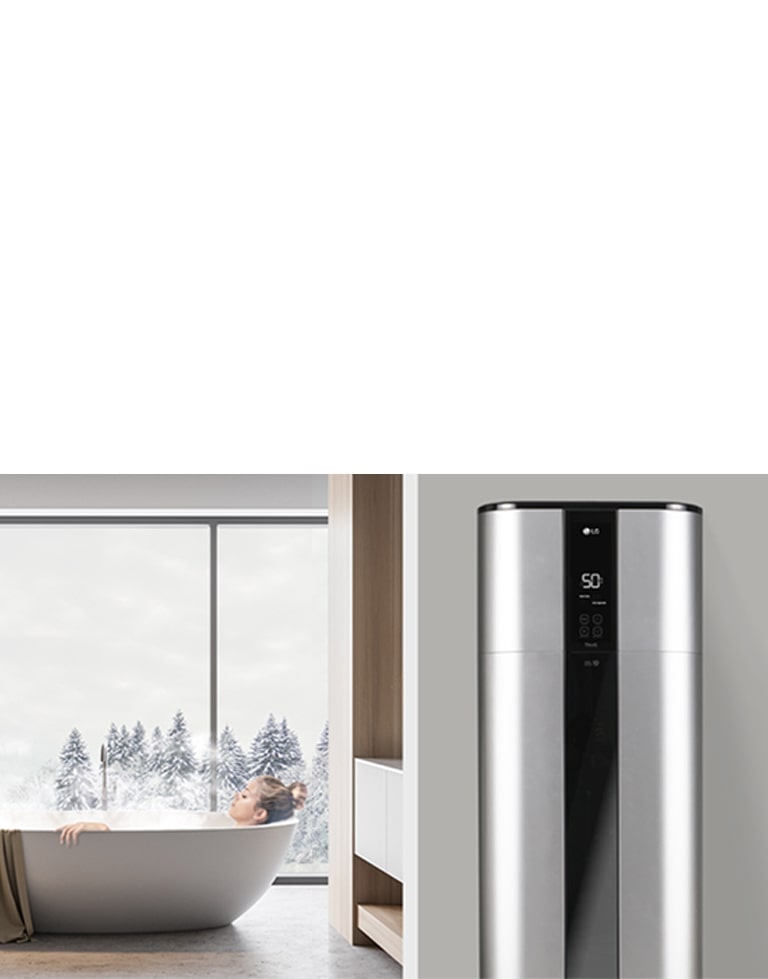 A person luxuriates in a steamy bathtub on the left, with a metallic LG water heater showcasing on the right side.