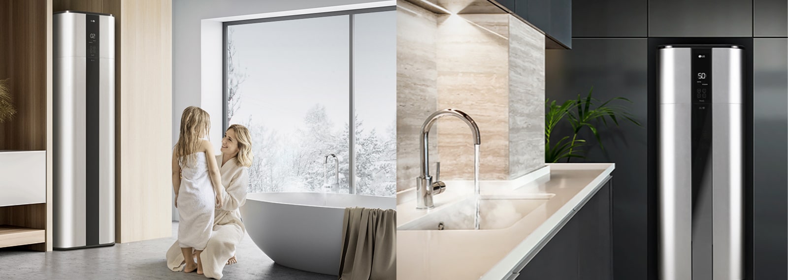 A smiling mother and daughter in the bathroom with a bathtub and water heater, while the right half displays an LG water heater and sink.