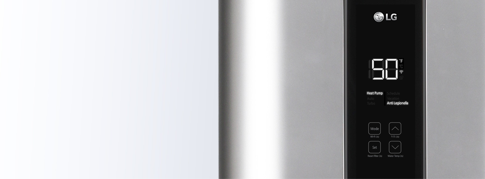 A close-up of the metallic LG water heater's screen reveals a displayed temperature of 50°F at the center.