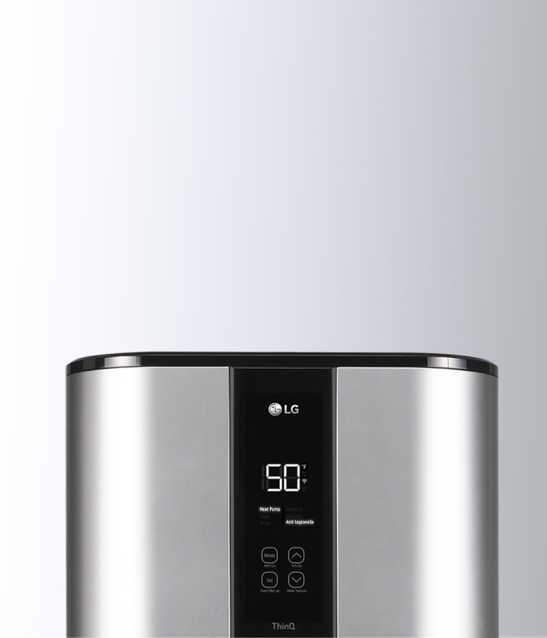 A close-up of the metallic LG water heater's screen reveals a displayed temperature of 50°F at the center.