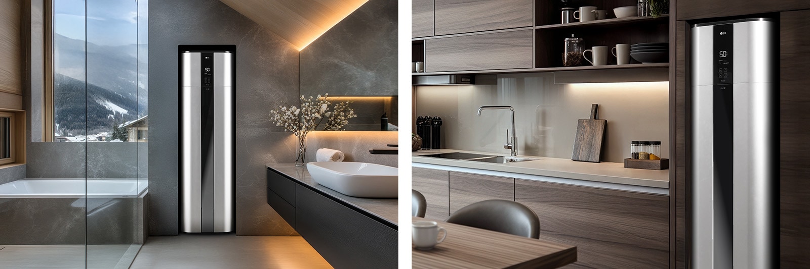 Floor-standing LG Heat Pump Water Heater in a modern space, highlighting flexible installation in bathrooms or kitchens.