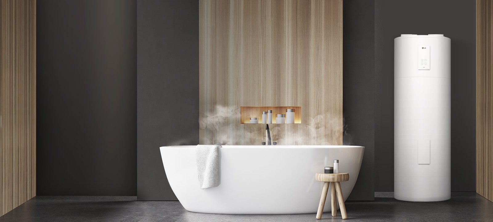 LG Heat Pump Water Heater installed in a modern bathroom next to a steaming bathtub.