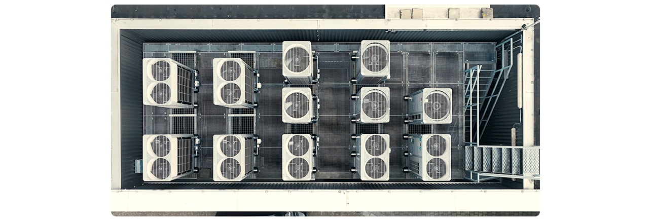 LG HVAC rooftop air conditioning system Netherlands industrial cooling units metal platform commercial ventilation setup